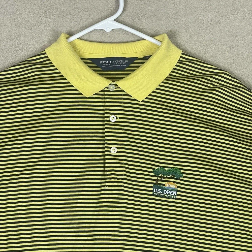 Ralph Lauren Polo Golf Polo Shirt‎ Mens XL Yellow Striped 2008 US Open Logo